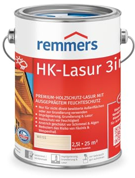 Remmers HK-Lasur 3in1 weiß, 2,5 L, Holzlasur aussen, 3in1: Imprägnierung, Grundierung & Lasur, Holzschutz vor Feuchtigkeit & UV-Strahlung