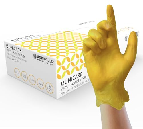 UNIGLOVES Unicare Vinyl Disposable Gloves - Multipurpose, Powder and Latex Free Examination Gloves - Box of 100 Gloves, Yellow, Large (GS0104)