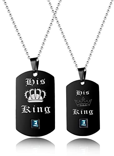 Uloveido 2 Stück Gay & Lesben Pride Halsketten Set für Männer und Frauen - Erkennungsmarke Titan Halsketten mit Charm-Anhänger Sein König & Ihre Königin SN125 (Schwarz und Gold Farbe)