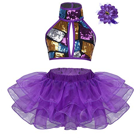 ranrann Costume Danse Moderne Jazz Fille Enfant Tutu Ballet Tulle Robe Danse Latine Contemporaine Paillette Tenue Dancewear 3-12 Ans Violet 5-6 Ans