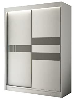ALTDECOR Kleiderschrank mit Lacobel-Schiebetüren, kugelgelagerte Führungsschienen und Aluminium- Leisten, LED-Beleuchtung (weiß + 16 Farben) und Fernbedienung - ARRI - 150 cm Weiß/Lacobel Grau