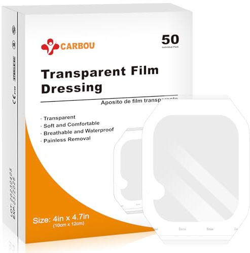 Carbou Transparent Film Dressing,4 x 4.75 Pack of 50 Waterproof Wound Bandage Adhesive Patches,Post Surgical Shower or IV Shield,Tattoo Aftercare Bandage