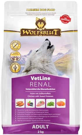 WOLFSBLUT – VetLine Renal | Diät Trockenfutter für ausgewachsene Hunde zur Unterstützung der Nierenfunktion. Getreidefreies Alleinfutter im Beutel | 2kg Huhn mit Süßkartoffeln