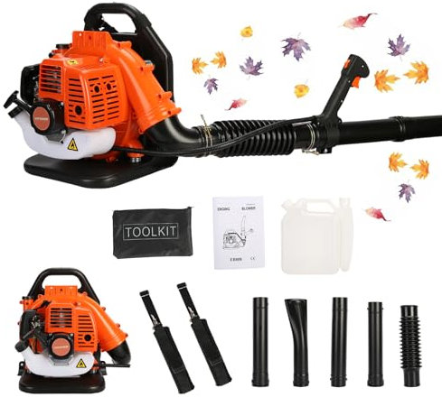 Shienfir Rucksack-Laubbläser, 550 CFM 2-Takt-Schneefräse, lange Düse, kabelloser Laubbläser, gasbetriebener Laubbläser, starke Windkraft, Grasrasengebläse mit 1,2 l Kraftstofftank für Rasen,