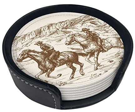 West Desert Cactus With Cowboys Riding Horses Coasters For Drinks, 6 Pcs Leather Coaster With Holder, Round Cup Mat Pad Set For Home And Kitchen 3.9 Inches