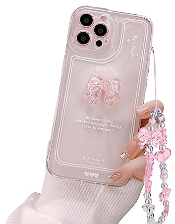 Ownest Compatible with iPhone 15 Pro Max Case, Cute 3D Pink Bowknot Slim Clear Aesthetic Design Women Girls Sparkly Protective Phone Cases for iPhone 15 Pro Max +Glitter Crystal Chain