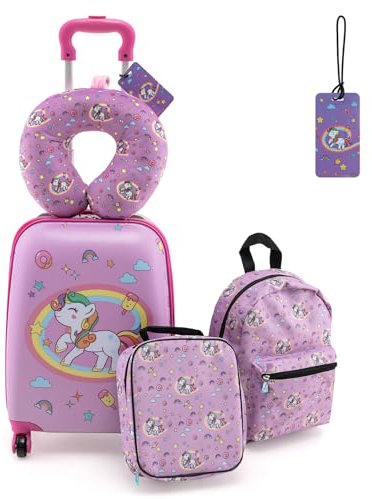 DREAMADE 5tlg Kinderkoffer Set, Kinder Reisekoffer mit Rucksack, Nackenkissen, Lunchtasche & Kofferanhänger, Reisetrolley mit Rollen für Kinder ab 3 Jahren, 30 x 23 x 46cm (Pink-Einhorn)
