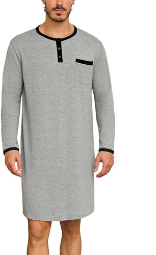 Uniexcosm Camicie da Notte Uomo Maniche Lunghe, Maglie Pigiama con Tasca sul Petto, Abbigliamento da Notte Girocollo con Bottoni Taglie S-3XL