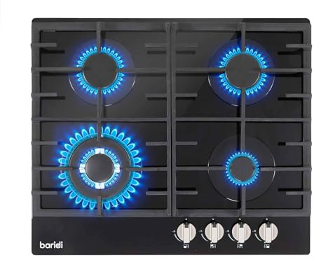 Baridi 60cm Gas on Glass Hob with 4 Burners, Cast Iron Pan Supports and Auto Ignition, 8kW, Black Glass - DH226