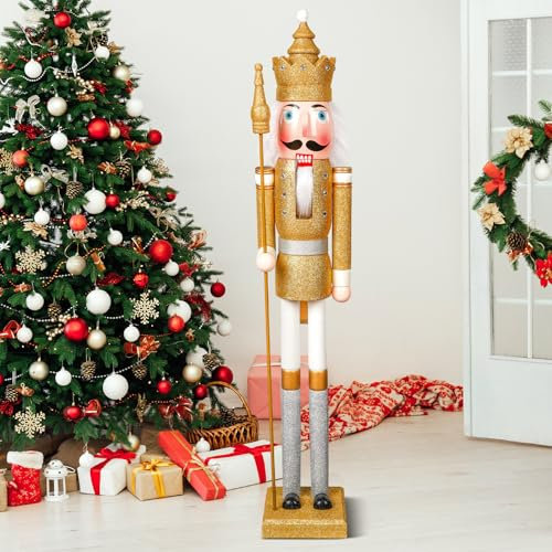 Liliful 48 Inch 4 ft Tall Life Size Christmas Nutcracker King Giant Wooden Nutcracker Soldier with Golden Scepter Nutcracker Statue for Indoor Outdoor Xmas Commercial Decor (Glitter King)