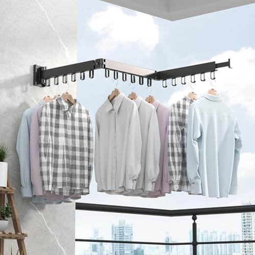 Gevvnss Wäscheständer zur Wandmontage 90cm,Einziehbarer Kleiderständer mit 15 Haken,180° Drehbar,Dreifach Zusammenklappbar,Wäscheständer für Balkon,Wäsche,Badezimmer(Schwarz)