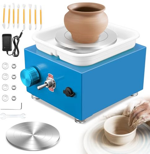 Töpferscheibe, Kooeuru Töpferscheibe Elektrisch 2000 U/min Einstellbare Geschwindigkeit, Pottery Wheel mit 10/6,5 cm Großen Platten, Formwerkzeugen, Töpferscheibe Kinder und Erwachsene (Blau)