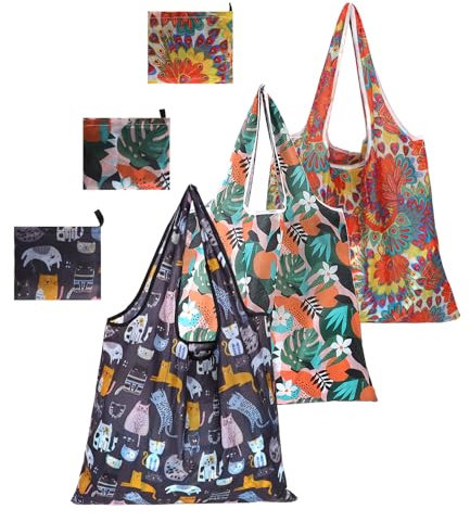 DOINEUFL Einkaufstasche Faltbar 3 Stück, Faltbare Einkaufstasche Wiederverwendbar, Einkaufstaschen mit Großem Fassungsvermögen, Tragbare Faltbare Tasche Waschbar & Modisch