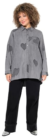 Ulla popken damer stora storlekar överdimensionerade plus size jeansblus, hjärtan, skjortkrage, långärmad, lyocellmix, Ljusgrå denim, 46-48