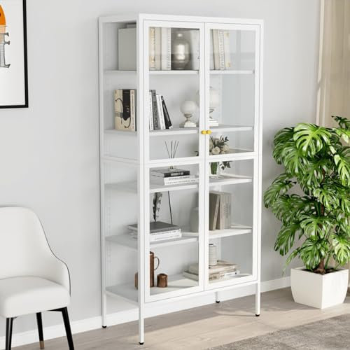 Xichuzi Vitrine Weiß 90x40x180 cm Stahl und Gehärtetes Glas, Glasvitrine, Vitrinenschrank, Schrank, Display Case, Sammlervitrine, Glassvitrinenschrank