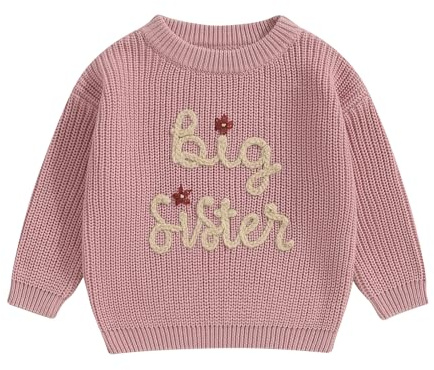 Pull tricoté pour bébé fille - Sœur assorti - Fleurs - Pull Lil/Big Sister - Broderie - Automne - Hiver - Fleurs - Pull en tricot pour sœur - Tricot assorti, Rose foncé, 3-4 ans