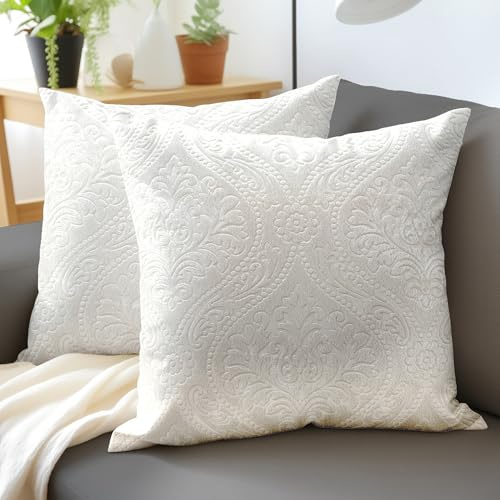 Encasa XO Samt Kissenbezug, ohne Füllung 50x50 cm White | Geprägtes Damast-Muster | Weicher Plüsch-Samt | Verdeckter Reißverschluss | Langlebig & Waschbar | 2er-Set