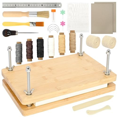 awagas Book Binding Kits, 11.8 x 7.6 Wooden Book Press with Bone Folder Awl Needles Wax Thread Cotton Cloth Ruler, Bookbinding Tools for Beginners DIY Bookbinding Supplies Crafts