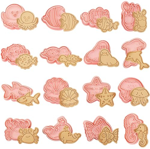 16 Stück Ozean Tier Ausstechformen Set,Keks Ausstecher Stempel,3D Cartoon Ausstechform,Cookie Cutter kinder,Ausstechformen Kinder,Ausstecher für Kinder DIY Cookie Fondant Schokoladen Plätzchen