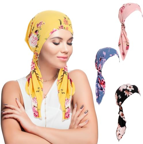 Vorgebundenes Chemo-Kopftuch, 4 Stück, bunt, Batik, Beanie, Totenkopf, Turban, Kopftuch für Damen