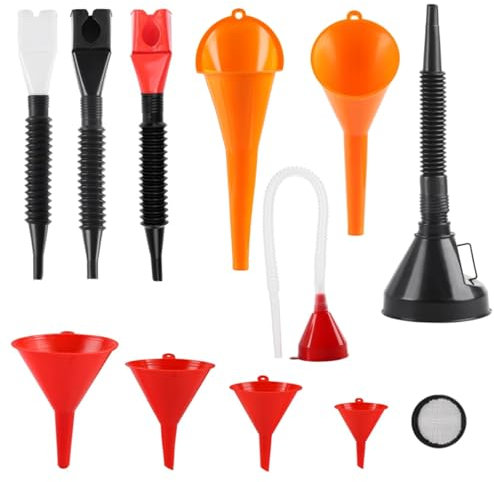 LEIFTSNE Lot de 11 entonnoirs, lot d'entonnoirs en plastique avec bec verseur amovible et long bec pour verser de l'essence/de l'eau/de l'huile moteur, entonnoir à huile pour voiture, moto