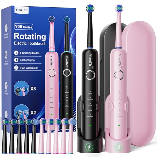 2 Pack Rotating Electric Toothbrush with 8 Brush Heads (2 Types) for Adults and Kids, 60-Day Battery Life, Wireless Wall Charging Station, 5 Modes Sonic Toothbrush with Travel Case