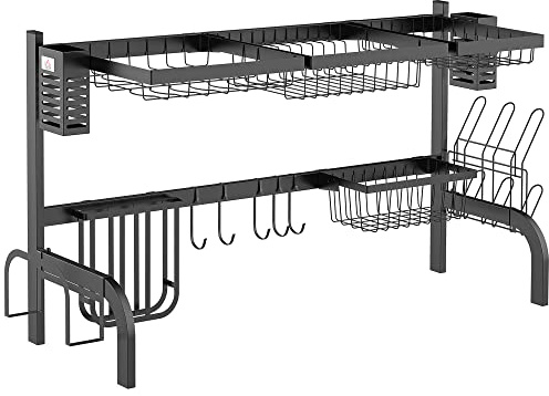 HOMCOM Abtropfgestell Geschirr, 2-stufiges Abtropfständer mit Haken, Tellerregal, Zubehör, 100 cm Abtropfgitter Gestell für Küchenspüle, Stahl, Schwarz
