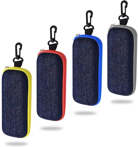 ZUYIST 4 Stück Brillenetui Hardcase, Brillenetuis aus Denim Stoff | Reißverschluss Tragbare Reise-Brillentasche mit Karabiner für Sonnenbrille, Lesebrille und Myopiebrille Universell
