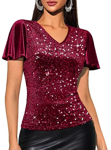 DRESSTELLS Womens Sequin Tops V Neck Ruffle Sleeve Sparkly Blouses for Party Disco Concert Outfits