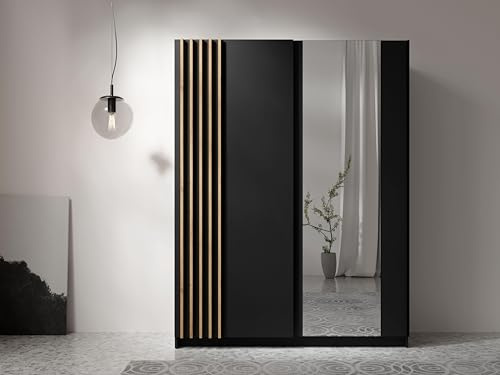 AXLIVING Kleiderschrank Schwarz mit Spiegel 150 cm Beralto mit Lamellen für Schlafzimmer