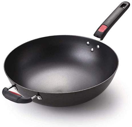 Poêle en Fonte au Carbone - Woks et sauteuses 13 Pouces - Wok Chinois à Fond Rond - Woks Traditionnels Chinois et Japonais