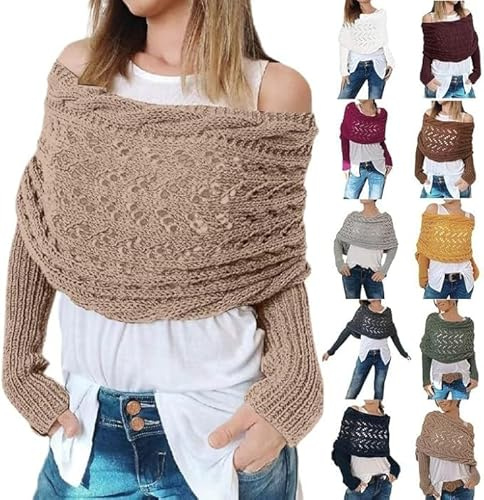 Bolero Damen Festlich Schal Mit Ärmeln Strick Khaki Elegant Große Größe Ärmelschal Schals Langarm Gestrickte Häkelpulli Oversize Pullover One Shoulder Häkelpullover Herbst Winter