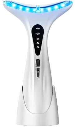 Face Massager，EMS Red Light Therapy Anti-Wrinkle Face Device 7 Colors& 3 Modes，45±5°C Heat Electric Neck Lifting Massager， for Women Massage Facial Toning Firming Anti-Aging，(White)With Charging Bbase