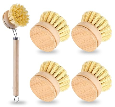 4Pcs Wooden Dish Brush, Bamboo Dish Brushes for Washing Up, Natural Replacement Heads Plastic Free Eco Scrubber Set Zero Waste Cleaning Great (with 1*Handle)