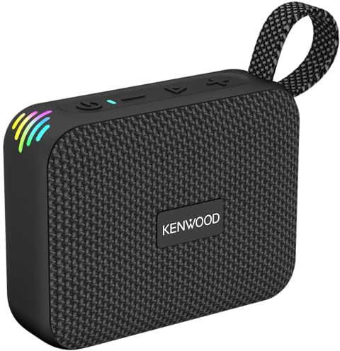 Kenwood AS-60BT-B - Altavoz Bluetooth portátil de 5 W con TWS estéreo, IPX7 Impermeable, radiador pasivo, Efecto LED, batería Recargable hasta 8,5 h, diseño Compacto y Ligero, conexión de 10 m, Negro | Batería recargable hasta 8,5 h, altavoz Bluetooth 5 W, TWS, alcance 10 m