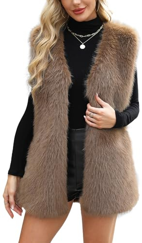 Adigau Casual Gilet da Donna in Pelliccia Sintetica Termico Giacca Senza Maniche Elegante Smanicato Donna Gilet con Tasche Primavera Autunno Inverno Cachi L