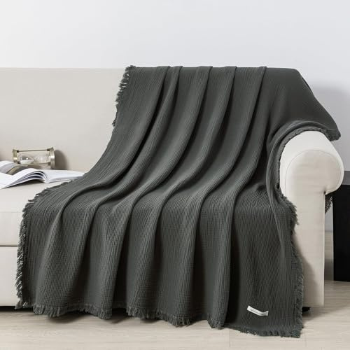 WONGS BEDDING Musselin Decke 150x200-100% Baumwolle Weiche Hautfreundliche & Atmungsaktive Tagesdecke, Bettüberwurf Couch Überwurf - leichte Kuscheldecke Couchdecke für Bett Sofa, Anthrazit