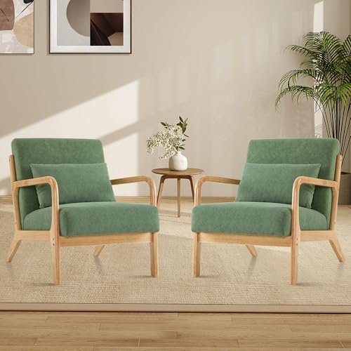 Aunekiv Midcentury Modern Accent Chair Living Room Armchair with Pillow, Upholstered Comfy Reading Chair with Solid Wood Frame for Small Spaces Bedroom Apartment Balcony, Green-Set of 2