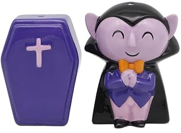 Puckator Spooky Dracula & Coffin Ceramic Salt & Pepper Set - Refillable Salt & Pepper Spice Shaker Cruet Sets Pot UK - Black White Pink Kitchen Accessories Set - Dispenser Mill Mills