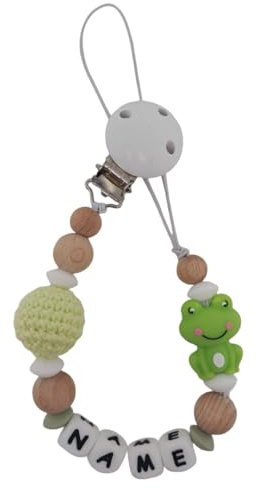 Individuell gestaltetes Babygeschenk personalisiertes Schnullerkette mit Namen für Mädchen oder Junge Baby Geschenk personalisiert zur Geburt & Taufe (Frosch) (gelb grün)