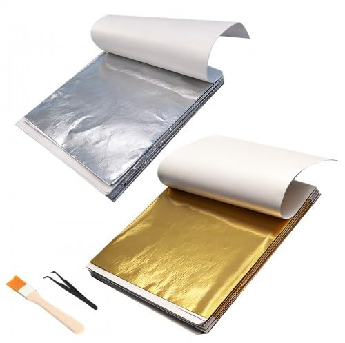 Juego de manualidades con hojas doradas, 200 hojas de oro y plata (8,5 x 9,5 cm), incluye pinzas y pincel, para dorado, pintura, decoración y proyectos de bricolaje