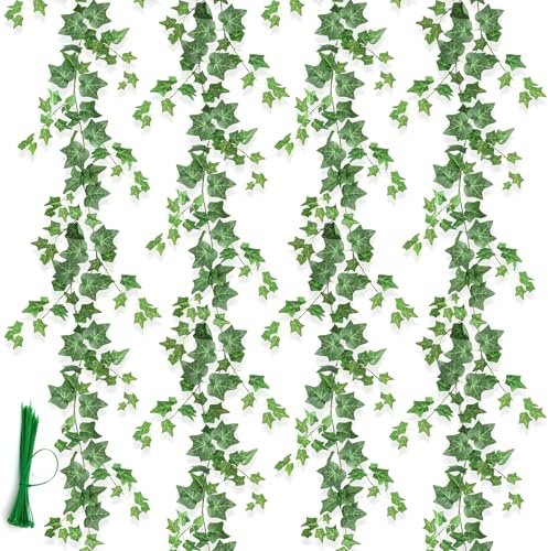 4 Pack 24Ft Artificial Ivy Garland, Fake Vines, Greenery Garlands, Artificial Hanging Plants, Fake Plastic Ivy Leaves with 50 Cable Ties for Wall Decor Wedding Bedroom Fence Home Garden Decorations