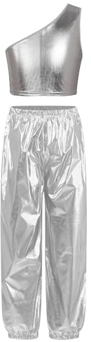 TSSOE Costume Dinsieme Lezioni Danza Jazz Latino E Moderno Metallizzato Con Crop Top Gilet Un Spalla Pantaloni Streetwear Argento 14-15 anni