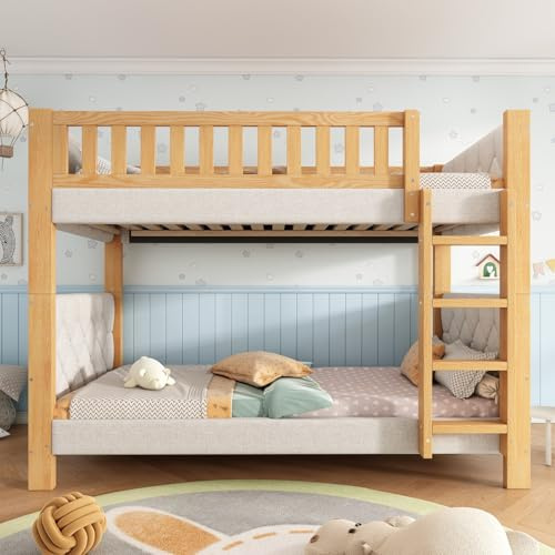 Sweiko Lit Superposé Enfant 90x200 cm avec Tête de Lit Rembourrée, Girs | Lit Simple en Bois d'hévéa, Échelle Droite, Barrière de sécurité, Sommier à Lattes, sans Matelas, pour Petit espace
