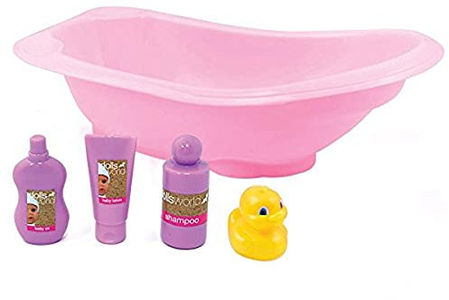 DOLLSWORLD from Peterkin | Bath Set | Includes pink bath with plug, 3 roleplay bottles and yellow duck | Dolls & Accessories | Ages 18m+