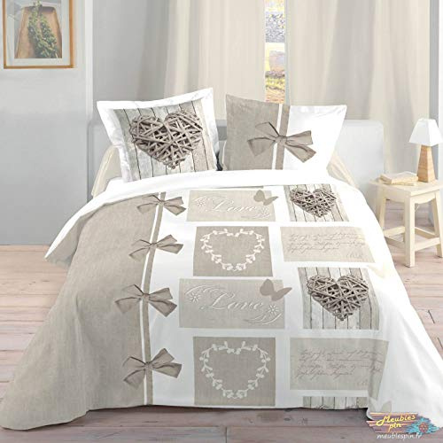 Stof - Housse de Couette 260x240cm et 2 taies d'oreillers 63x63cm - Heart - 100% Coton - Certifiée Oeko-Tex - Linge de lit - Romance - Love - Cœur - Blanc Lin et Naturel - 2 Personnes