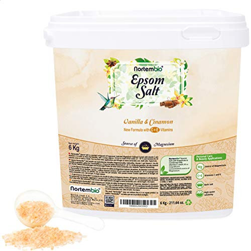Nortembio Sales de Epsom 100% Fragancia Vainilla y Canela 6 kg – Fuente Natural de Magnesio | Con Vitamina C y E Hidratante | Para Baños Relajantes, Spa y Cuidado de la Piel + E-Book Gratis