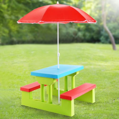 GYMAX Mobili da Giardino per Bambini in PP e Nylon, Set di Mobili per Bambini con Tavolo, Panchine e Ombrellone, Utilizzabili all’Aperto e al Chiuso (ombrellone rosso)