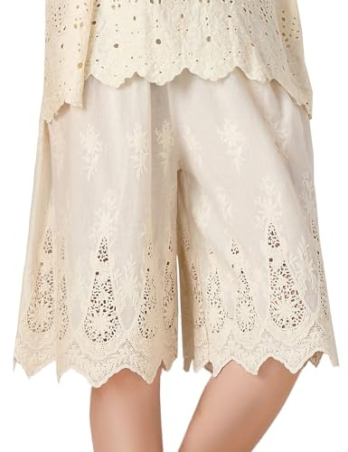 Vanrose Jan Lolita Embroidery Floral Lace Pettipants Half Slips for Womens Lightweight Cotton Linen Bloomer Short Pants Beige