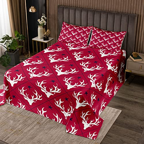 feelingyou Rote Weihnachts-Tagesdecke 220×240 cm mit 2 Kissenbezügen, Hirschgeweih-Druck Sterne und Tiermotiv Tagesdecke Geschenk-Dekor, Weihnachtsmann Frohe Feiertage gesteppt, weich leicht
